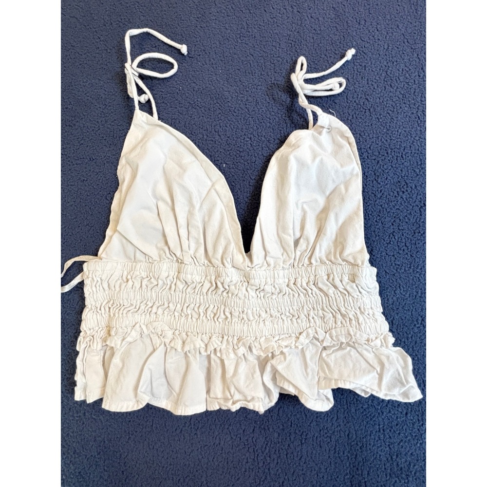 Sim & Sam White Smocked Crop Top Tie Strap Boho Ruffle Hem Medium